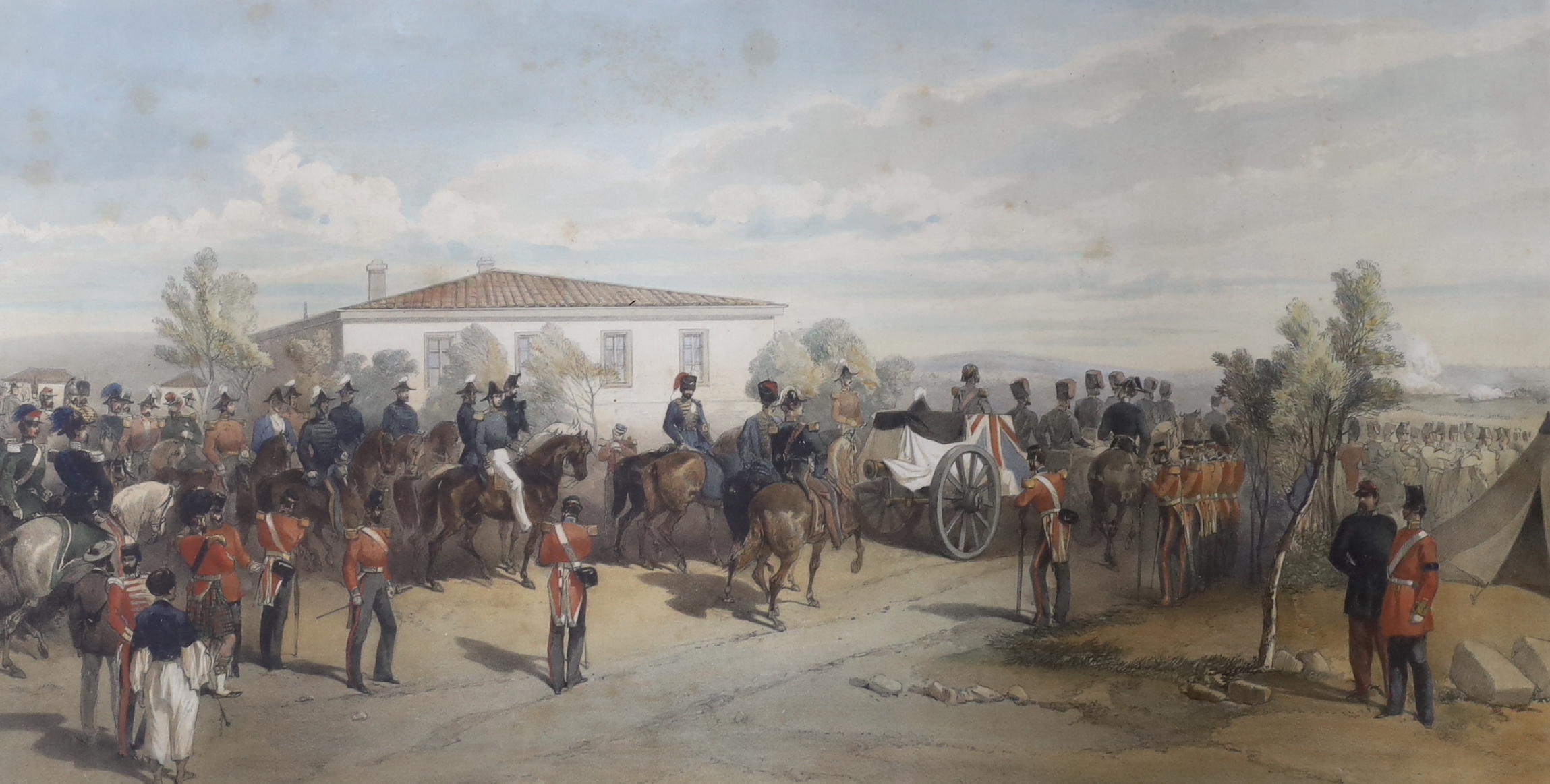 W. Simpson, two hand coloured lithographs, 'Funeral cortege of Lord Raglan' and 'Cavalry Camp', 28 x 46cm